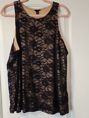 Sleeveless Black Lace Overlay Tank with Nude Lining